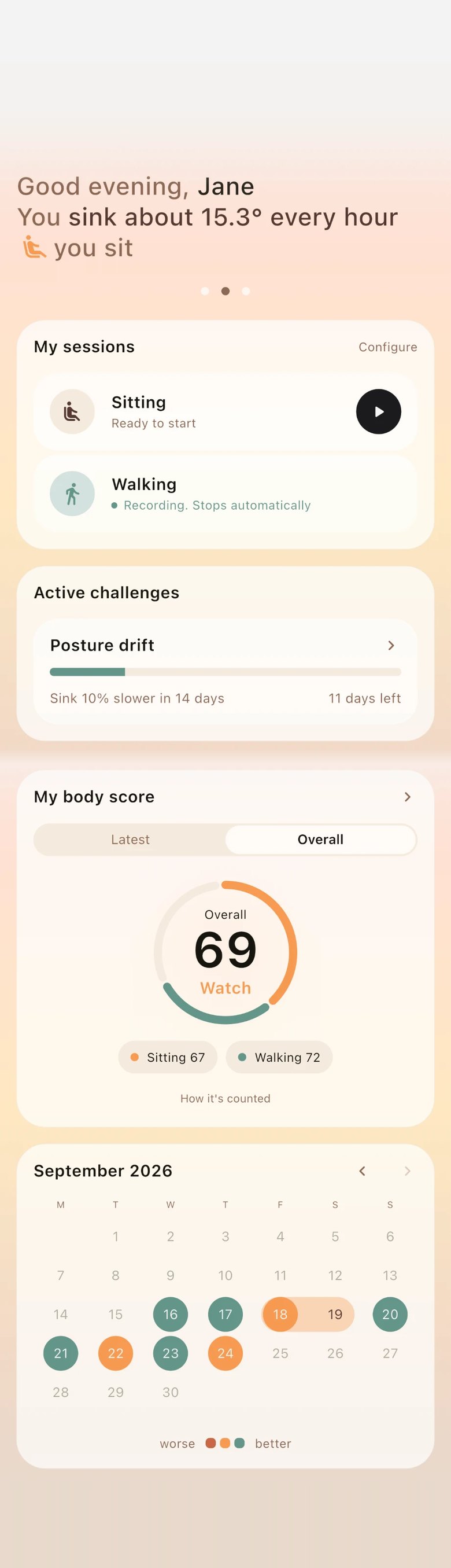 BodySignals home screen: Good evening, Jane — you sink about 15.3° every hour you sit; My sessions with Sitting ready and Walking recording, Active challenges, My body score and the month calendar