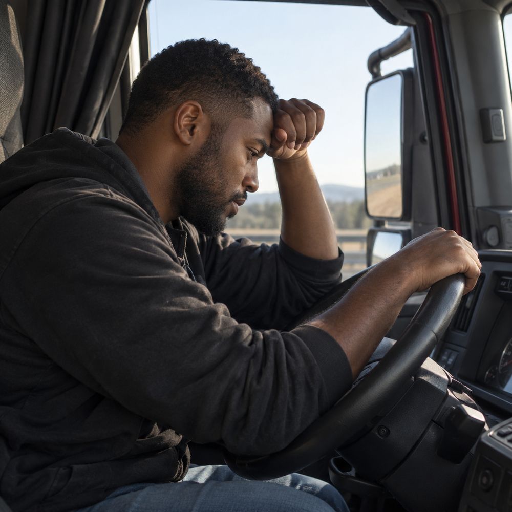 A tired truck driver at the wheel, forehead resting on his hand