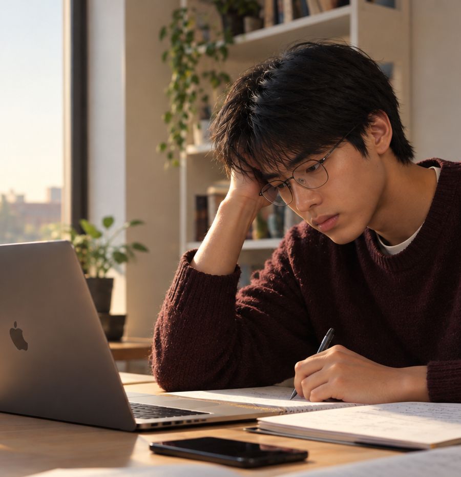 A young man at a desk with a laptop and notes, head propped on his hand