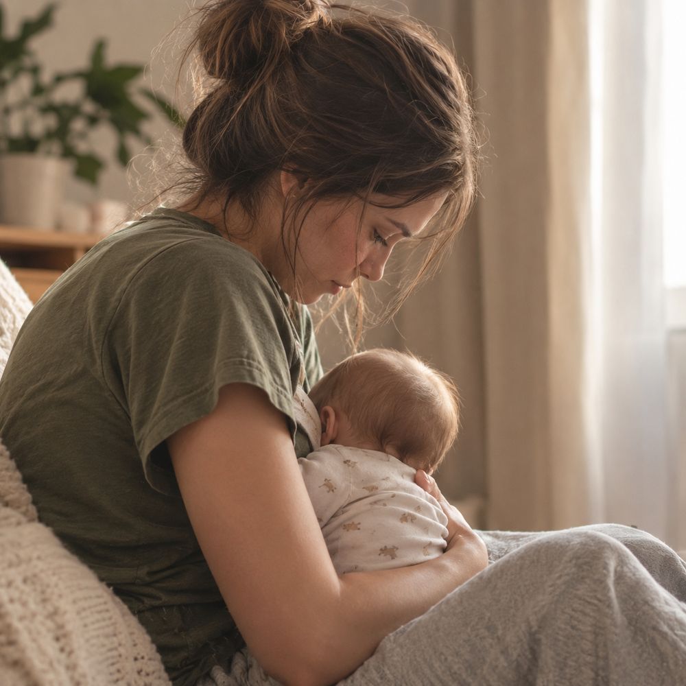 A mother sitting on a sofa holding her baby, head bowed toward the baby
